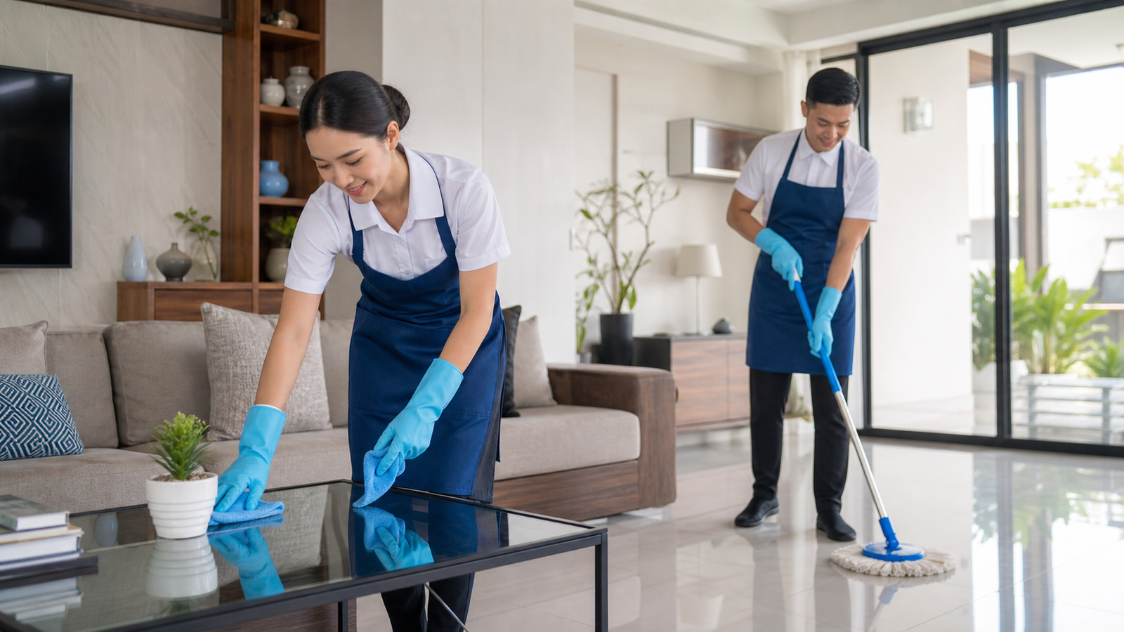 Ilustrasi profesional cleaning service menggunakan peralatan lengkap