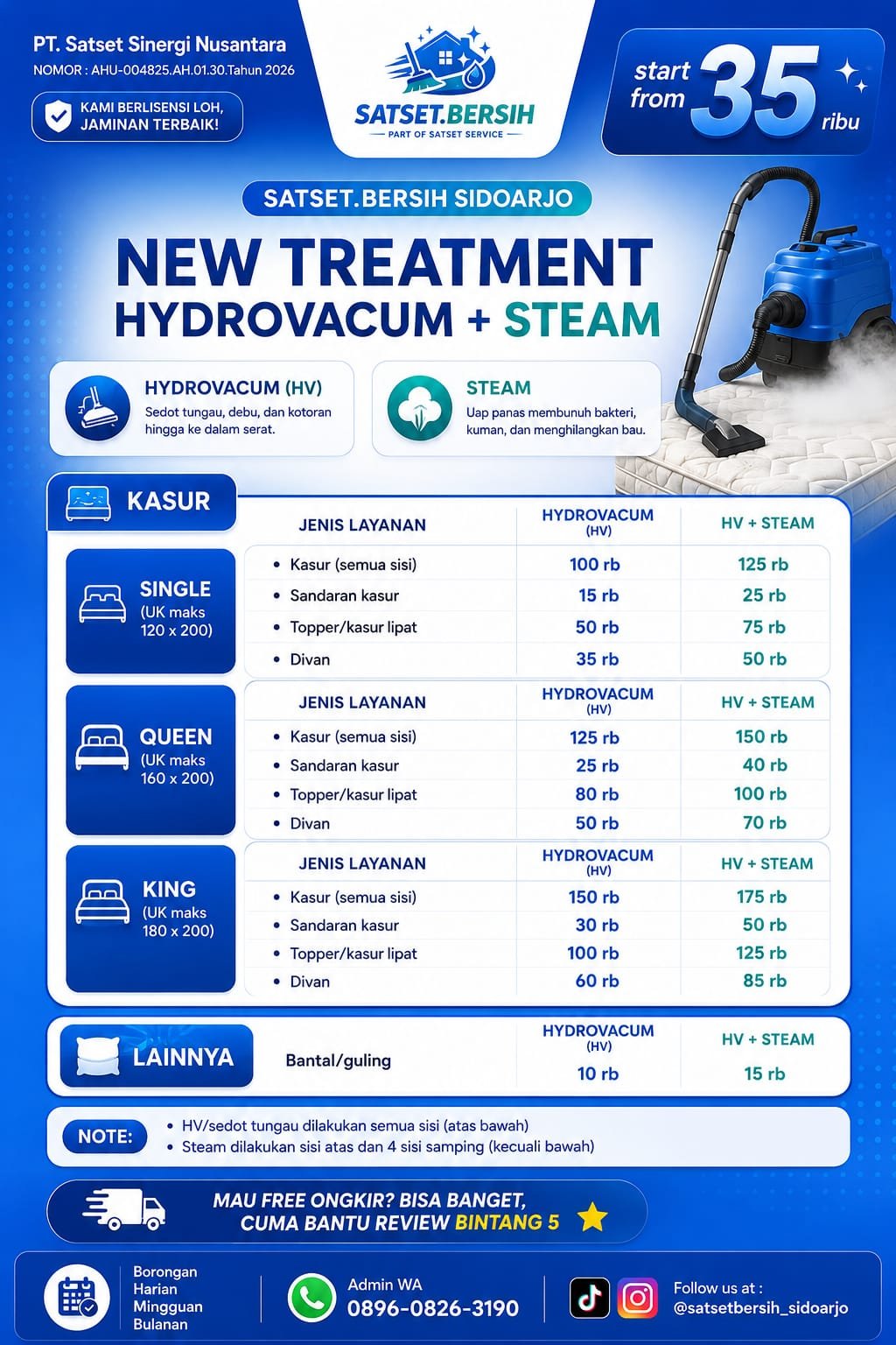 Pricelist Hydrovacuum dan Steam Kasur Satset Bersih