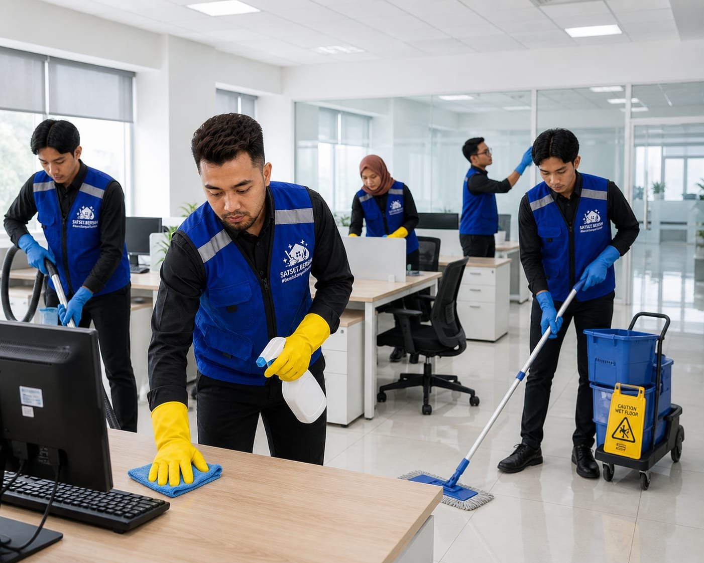 Petugas Satset Bersih Sidoarjo melakukan general cleaning dan deep cleaning lantai dan dinding dan kaca secara detail