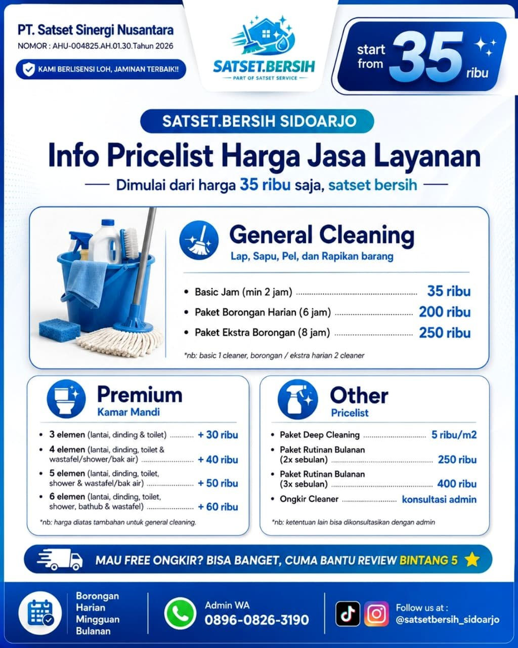 Pricelist General Cleaning Satset Bersih Sidoarjo mulai 35 ribu